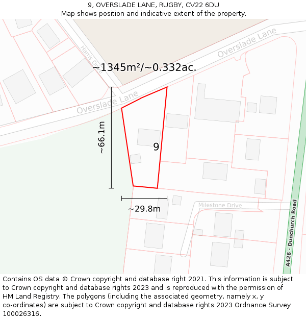 9, OVERSLADE LANE, RUGBY, CV22 6DU: Plot and title map