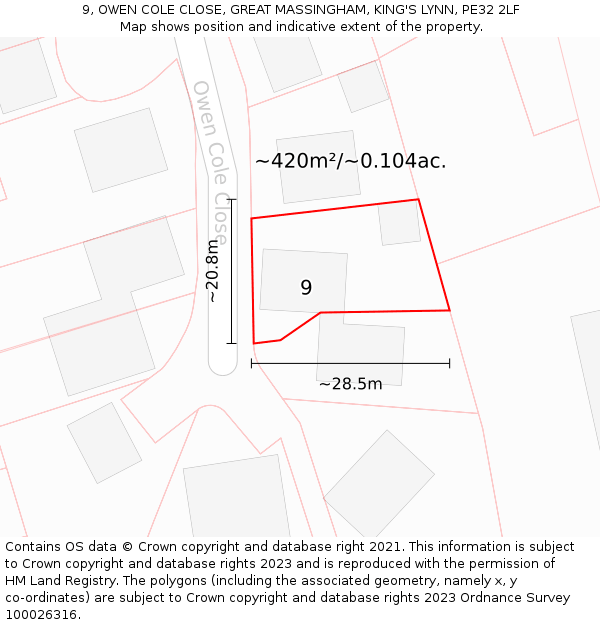 9, OWEN COLE CLOSE, GREAT MASSINGHAM, KING'S LYNN, PE32 2LF: Plot and title map