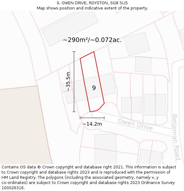 9, OWEN DRIVE, ROYSTON, SG8 5US: Plot and title map