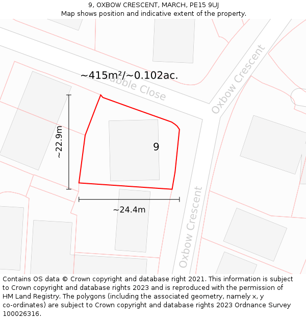 9, OXBOW CRESCENT, MARCH, PE15 9UJ: Plot and title map