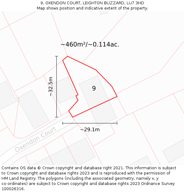 9, OXENDON COURT, LEIGHTON BUZZARD, LU7 3HD: Plot and title map