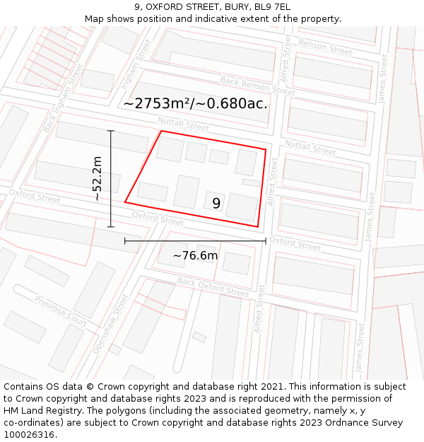 9, OXFORD STREET, BURY, BL9 7EL: Plot and title map