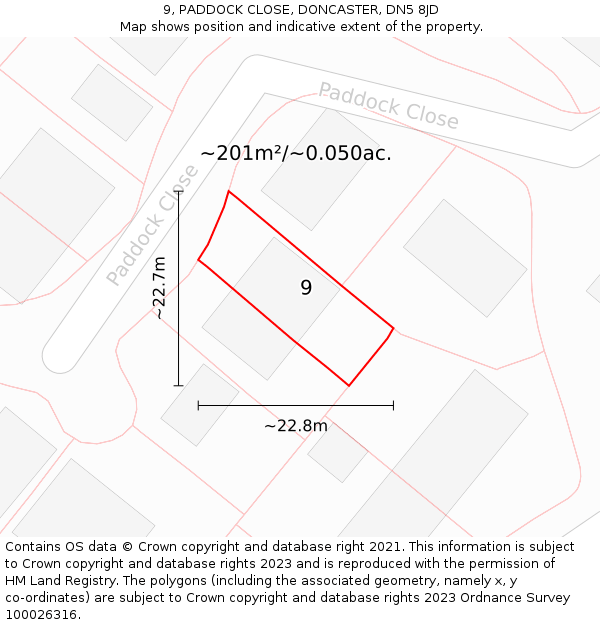 9, PADDOCK CLOSE, DONCASTER, DN5 8JD: Plot and title map