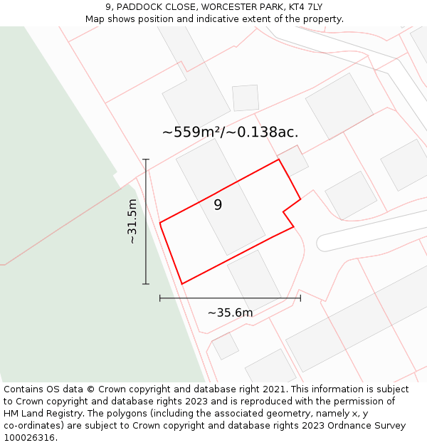 9, PADDOCK CLOSE, WORCESTER PARK, KT4 7LY: Plot and title map