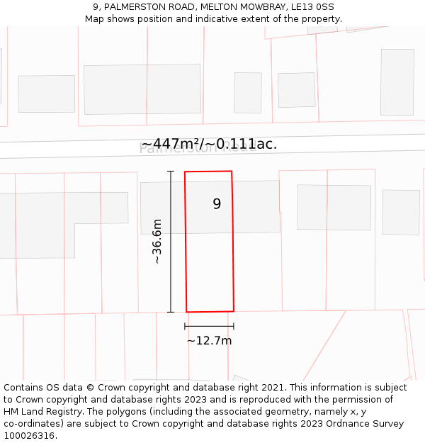 9, PALMERSTON ROAD, MELTON MOWBRAY, LE13 0SS: Plot and title map