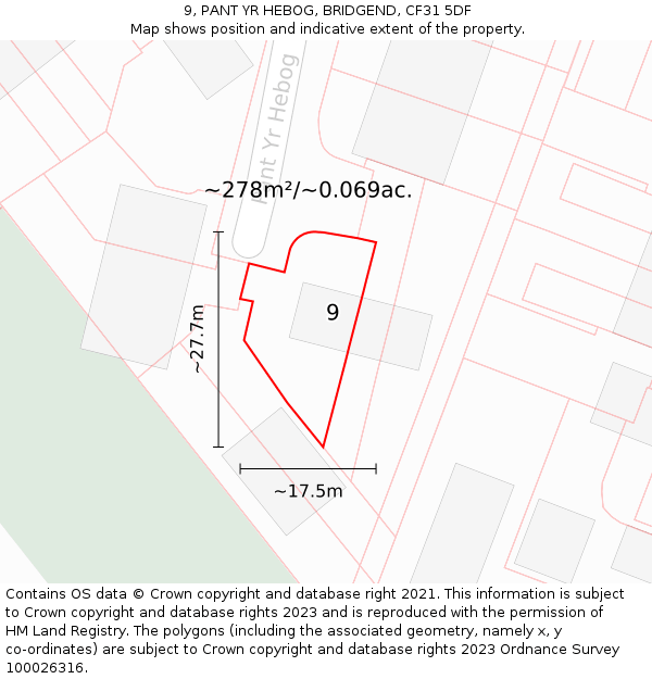 9, PANT YR HEBOG, BRIDGEND, CF31 5DF: Plot and title map