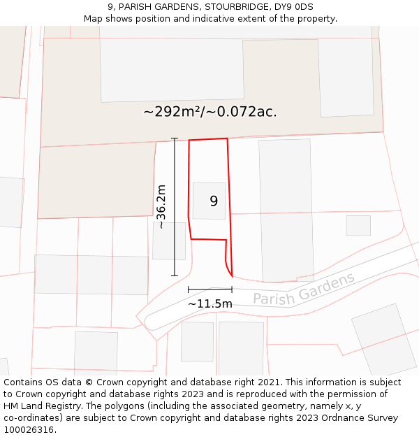9, PARISH GARDENS, STOURBRIDGE, DY9 0DS: Plot and title map