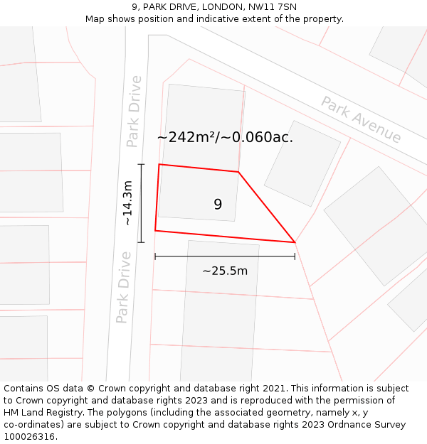 9, PARK DRIVE, LONDON, NW11 7SN: Plot and title map