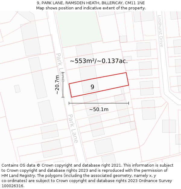 9, PARK LANE, RAMSDEN HEATH, BILLERICAY, CM11 1NE: Plot and title map