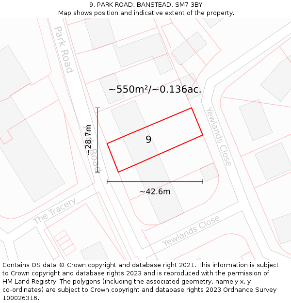 9, PARK ROAD, BANSTEAD, SM7 3BY: Plot and title map