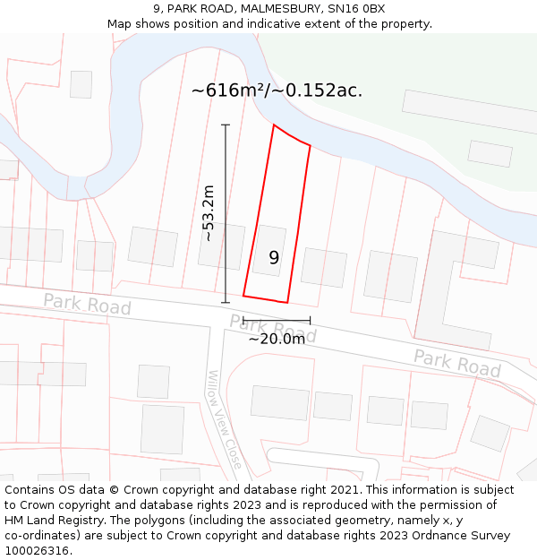 9, PARK ROAD, MALMESBURY, SN16 0BX: Plot and title map