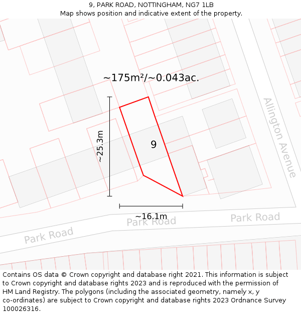 9, PARK ROAD, NOTTINGHAM, NG7 1LB: Plot and title map