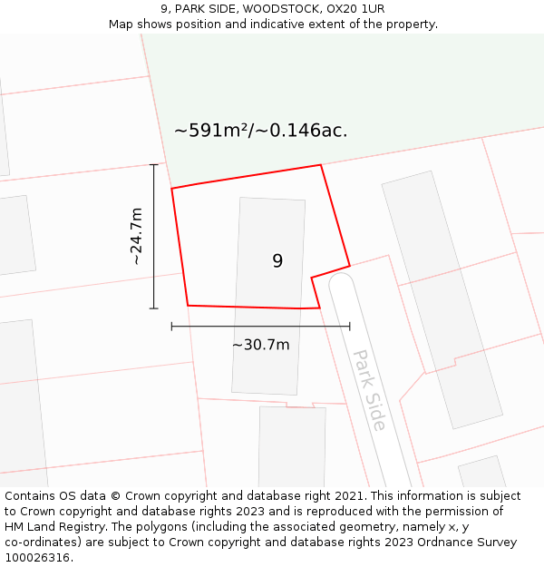 9, PARK SIDE, WOODSTOCK, OX20 1UR: Plot and title map