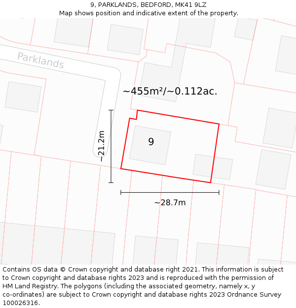 9, PARKLANDS, BEDFORD, MK41 9LZ: Plot and title map