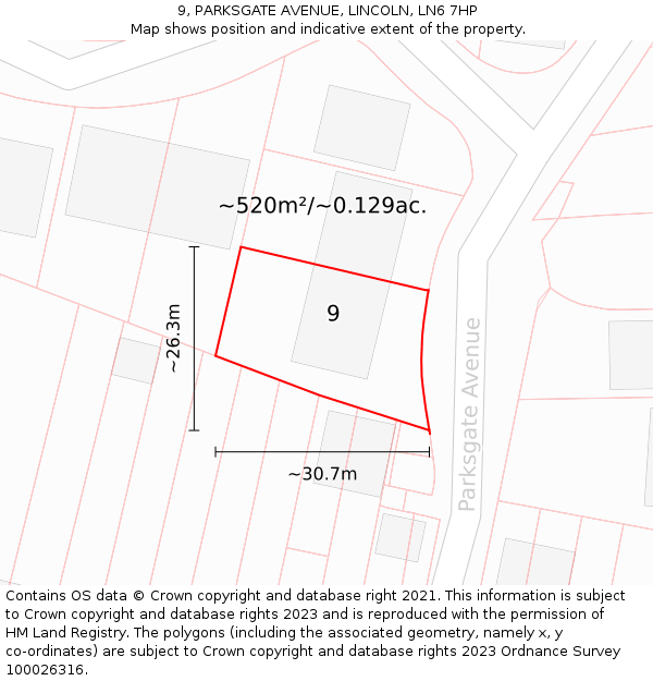 9, PARKSGATE AVENUE, LINCOLN, LN6 7HP: Plot and title map