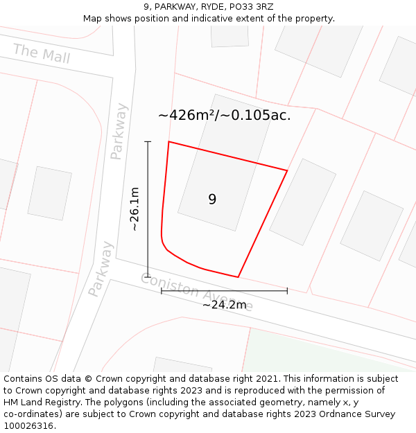 9, PARKWAY, RYDE, PO33 3RZ: Plot and title map