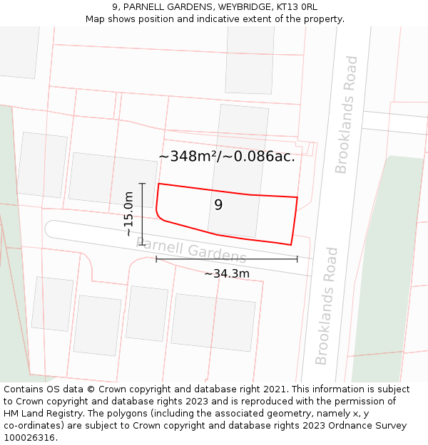 9, PARNELL GARDENS, WEYBRIDGE, KT13 0RL: Plot and title map