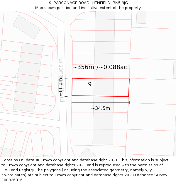 9, PARSONAGE ROAD, HENFIELD, BN5 9JG: Plot and title map