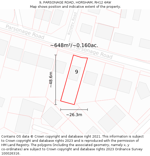 9, PARSONAGE ROAD, HORSHAM, RH12 4AW: Plot and title map