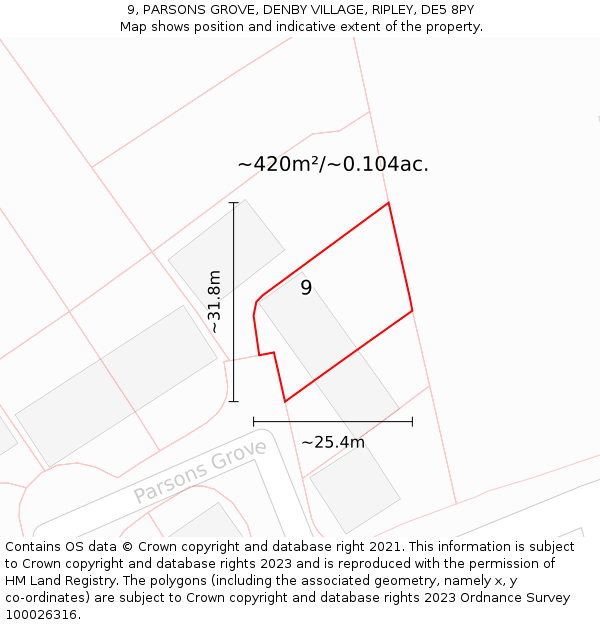 9, PARSONS GROVE, DENBY VILLAGE, RIPLEY, DE5 8PY: Plot and title map