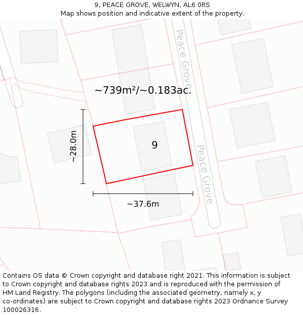 9, PEACE GROVE, WELWYN, AL6 0RS: Plot and title map