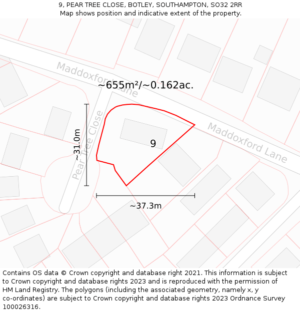 9, PEAR TREE CLOSE, BOTLEY, SOUTHAMPTON, SO32 2RR: Plot and title map