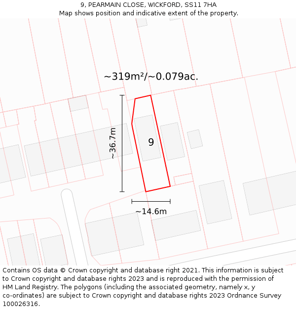 9, PEARMAIN CLOSE, WICKFORD, SS11 7HA: Plot and title map