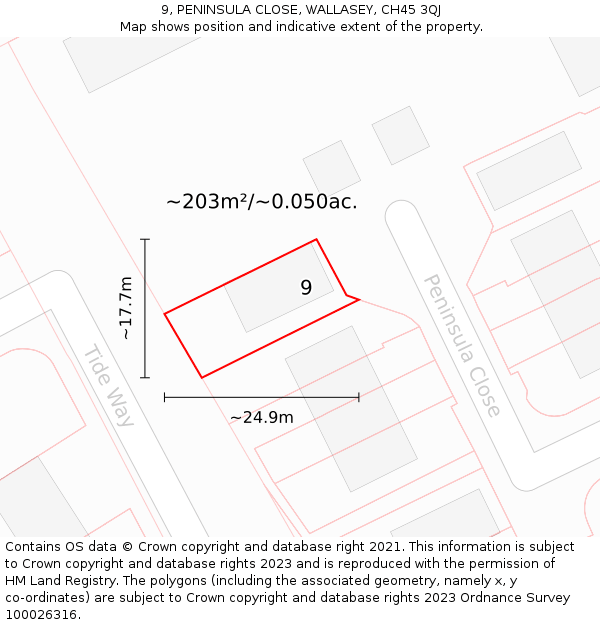 9, PENINSULA CLOSE, WALLASEY, CH45 3QJ: Plot and title map