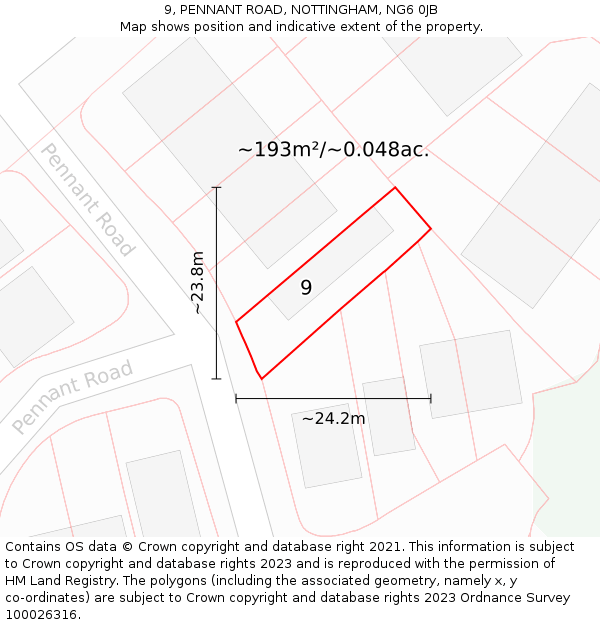 9, PENNANT ROAD, NOTTINGHAM, NG6 0JB: Plot and title map