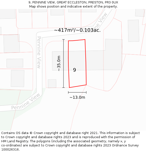 9, PENNINE VIEW, GREAT ECCLESTON, PRESTON, PR3 0UX: Plot and title map
