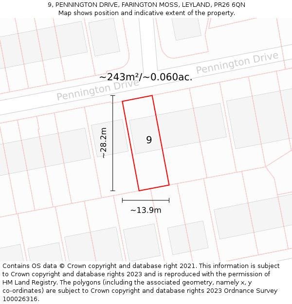 9, PENNINGTON DRIVE, FARINGTON MOSS, LEYLAND, PR26 6QN: Plot and title map