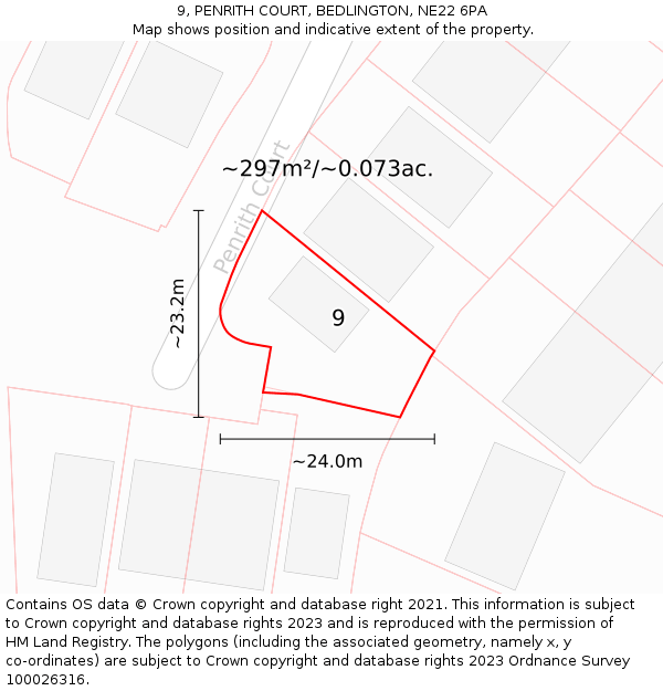 9, PENRITH COURT, BEDLINGTON, NE22 6PA: Plot and title map