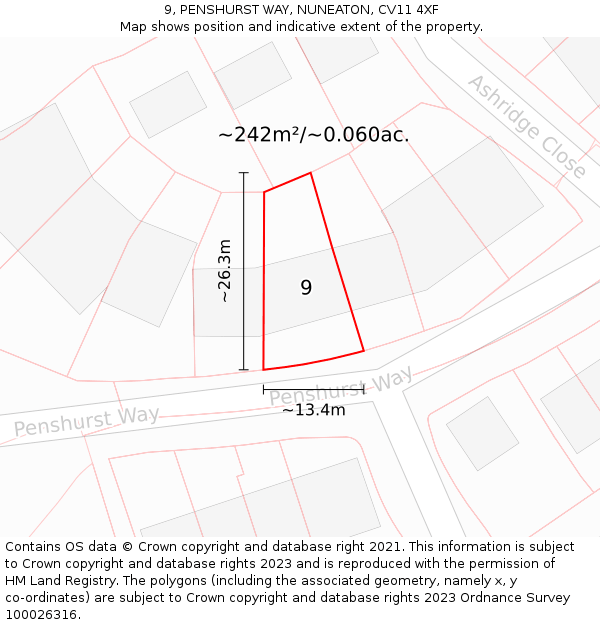 9, PENSHURST WAY, NUNEATON, CV11 4XF: Plot and title map