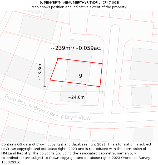 9, PENYBRYN VIEW, MERTHYR TYDFIL, CF47 0GB: Plot and title map