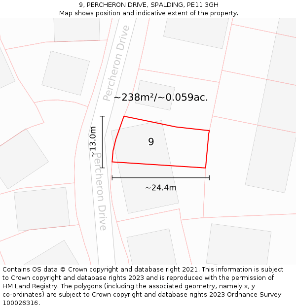 9, PERCHERON DRIVE, SPALDING, PE11 3GH: Plot and title map