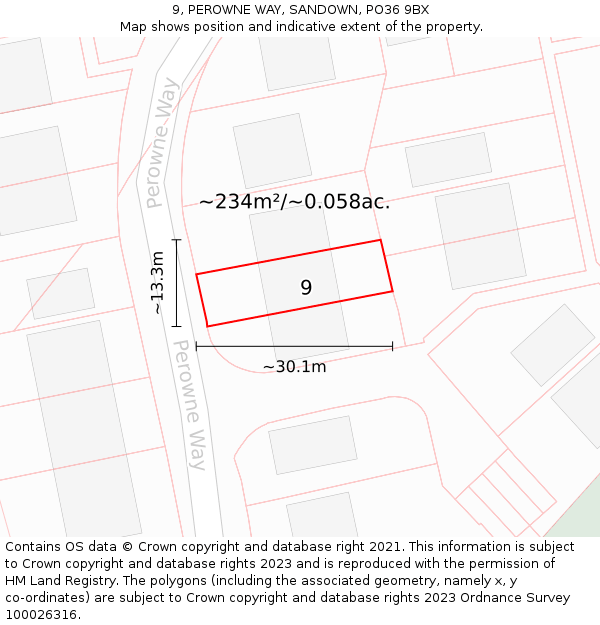 9, PEROWNE WAY, SANDOWN, PO36 9BX: Plot and title map