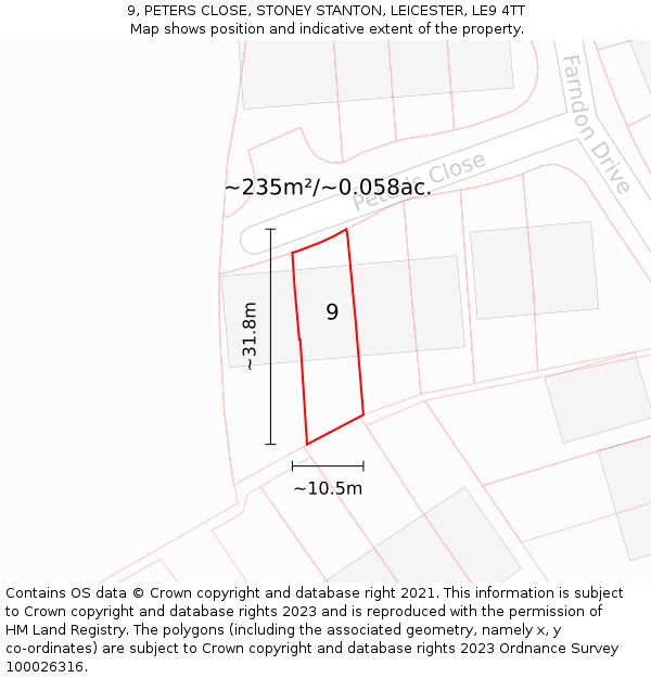 9, PETERS CLOSE, STONEY STANTON, LEICESTER, LE9 4TT: Plot and title map