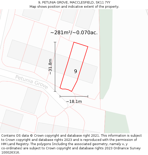 9, PETUNIA GROVE, MACCLESFIELD, SK11 7YY: Plot and title map