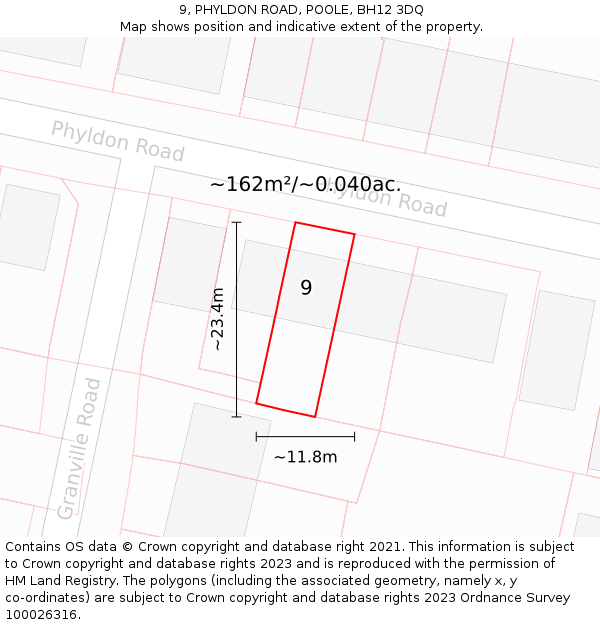 9, PHYLDON ROAD, POOLE, BH12 3DQ: Plot and title map