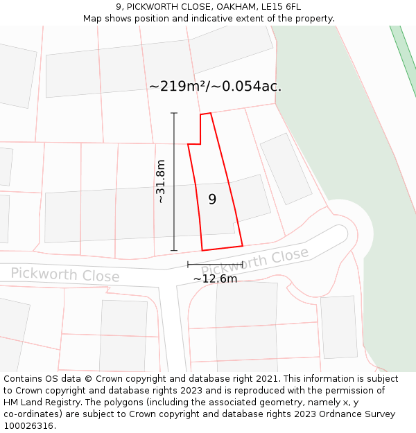 9, PICKWORTH CLOSE, OAKHAM, LE15 6FL: Plot and title map