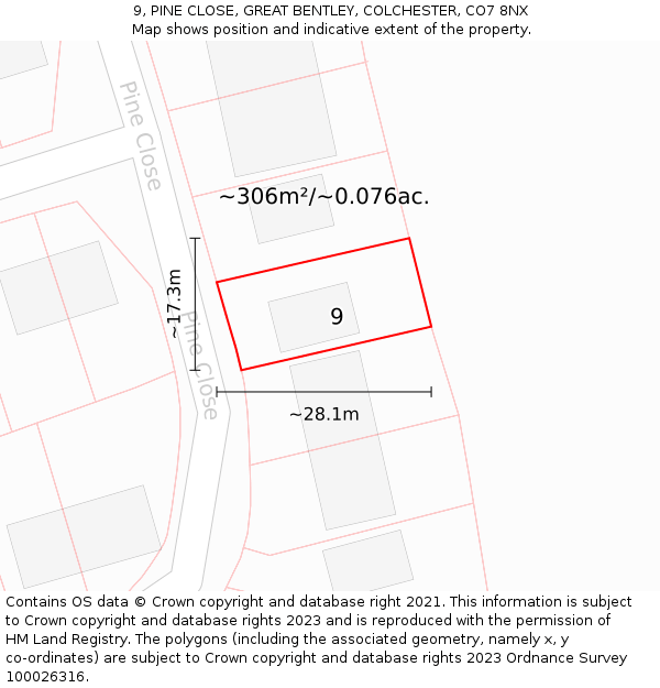 9, PINE CLOSE, GREAT BENTLEY, COLCHESTER, CO7 8NX: Plot and title map