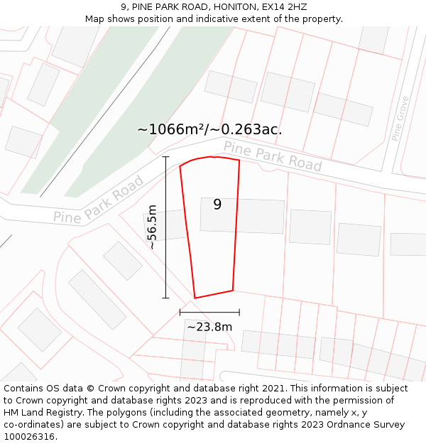 9, PINE PARK ROAD, HONITON, EX14 2HZ: Plot and title map