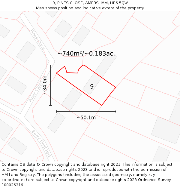 9, PINES CLOSE, AMERSHAM, HP6 5QW: Plot and title map