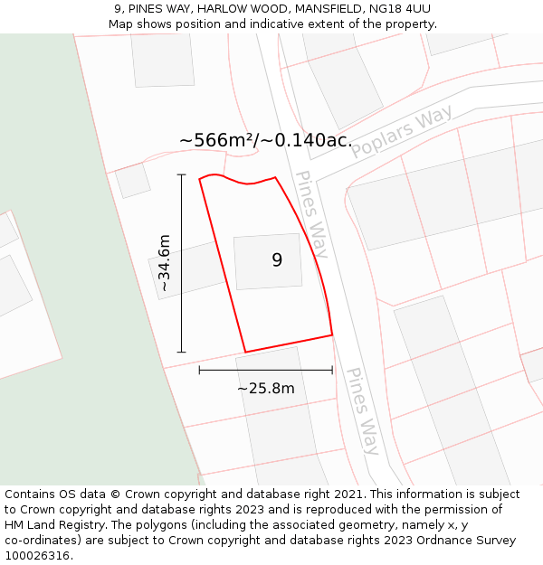 9, PINES WAY, HARLOW WOOD, MANSFIELD, NG18 4UU: Plot and title map