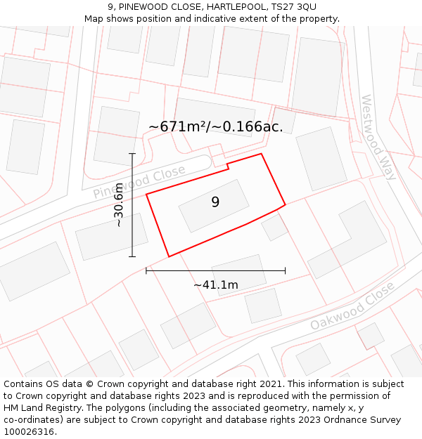 9, PINEWOOD CLOSE, HARTLEPOOL, TS27 3QU: Plot and title map