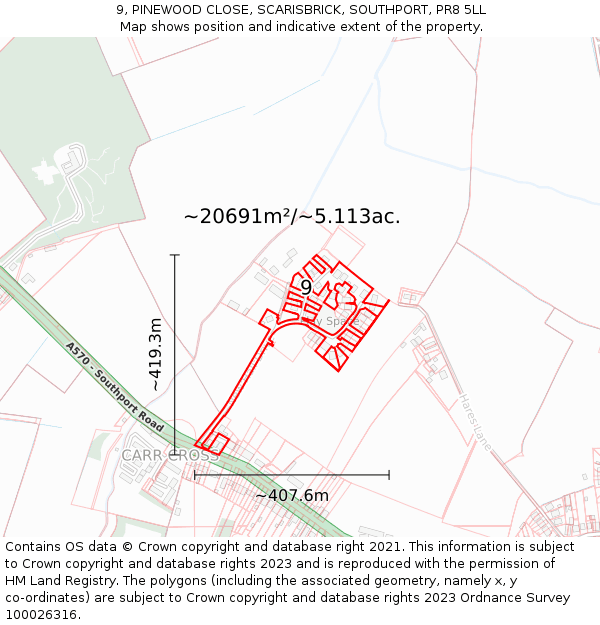 9, PINEWOOD CLOSE, SCARISBRICK, SOUTHPORT, PR8 5LL: Plot and title map