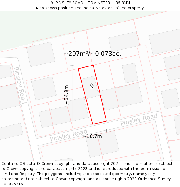 9, PINSLEY ROAD, LEOMINSTER, HR6 8NN: Plot and title map