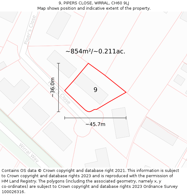 9, PIPERS CLOSE, WIRRAL, CH60 9LJ: Plot and title map