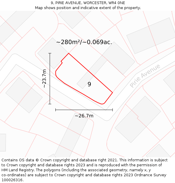 9, PIRIE AVENUE, WORCESTER, WR4 0NE: Plot and title map