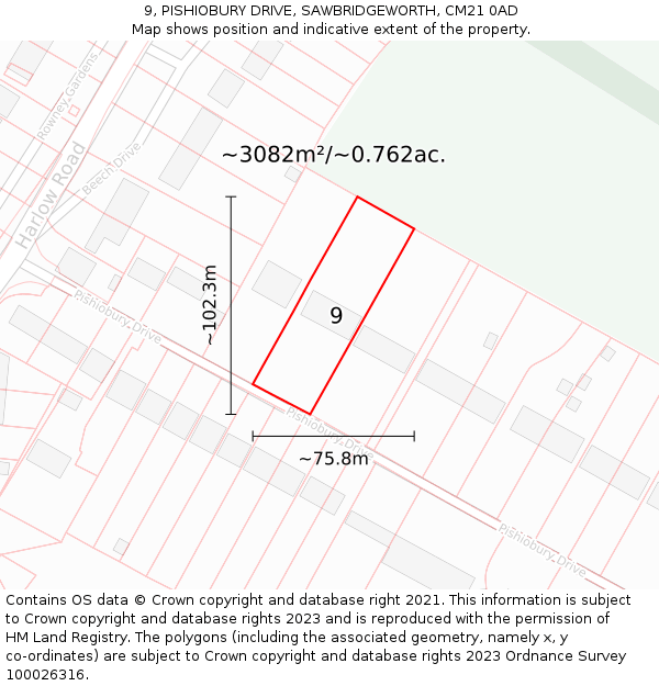 9, PISHIOBURY DRIVE, SAWBRIDGEWORTH, CM21 0AD: Plot and title map